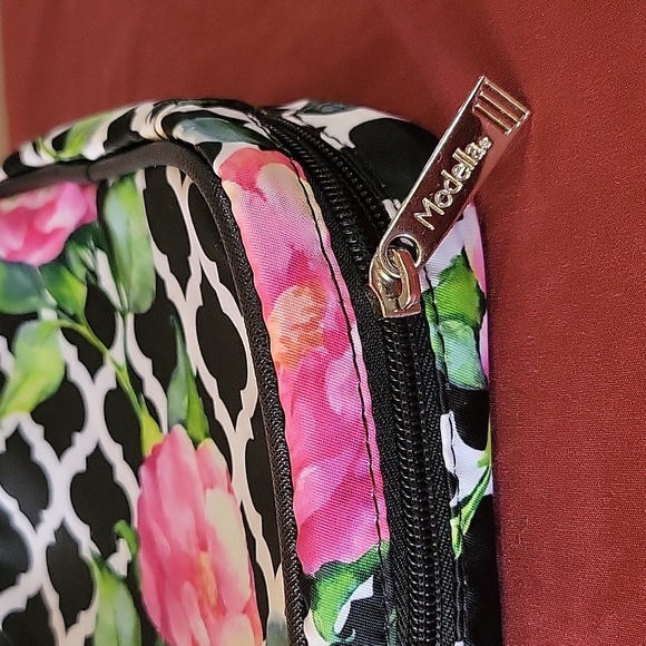Modella Makeup Cosmetic Travel Bag Zippered Pouches Pink Black Floral - Picture 2 of 4